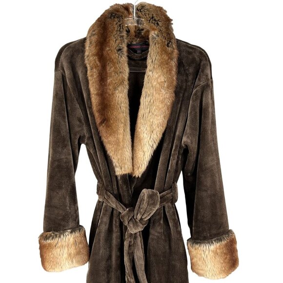 Adrienne Landau Womens L Faux Fox Fur Trim Robe Belted Cozy Plush Quiet Luxury - Picture 4 of 13